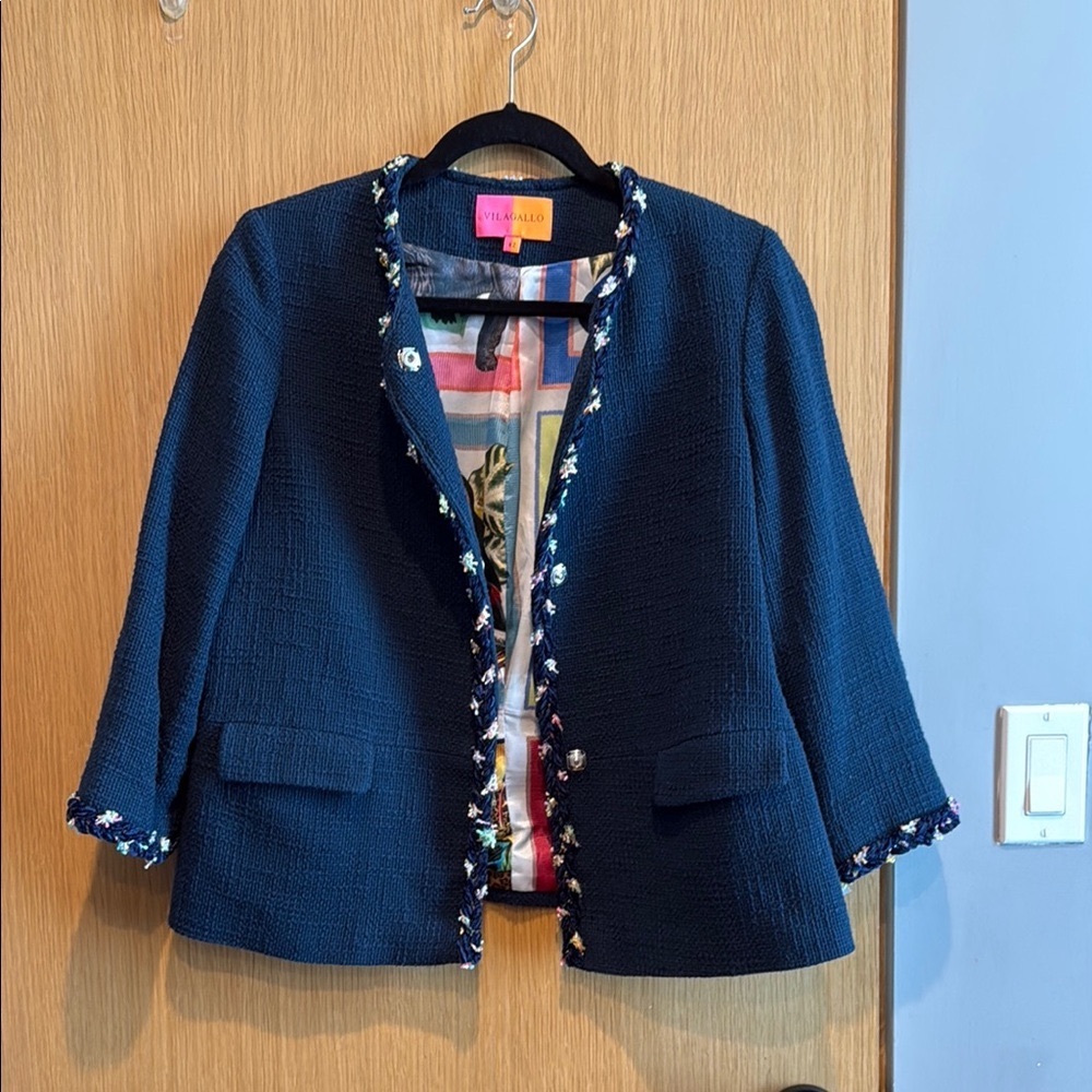 Vilagallo Blue Tweed Blazer with Festive Trim